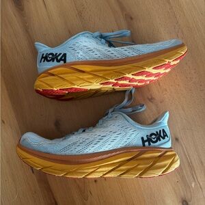 Hoka Clifton Sneakers in Sky Blue and Orange size 8